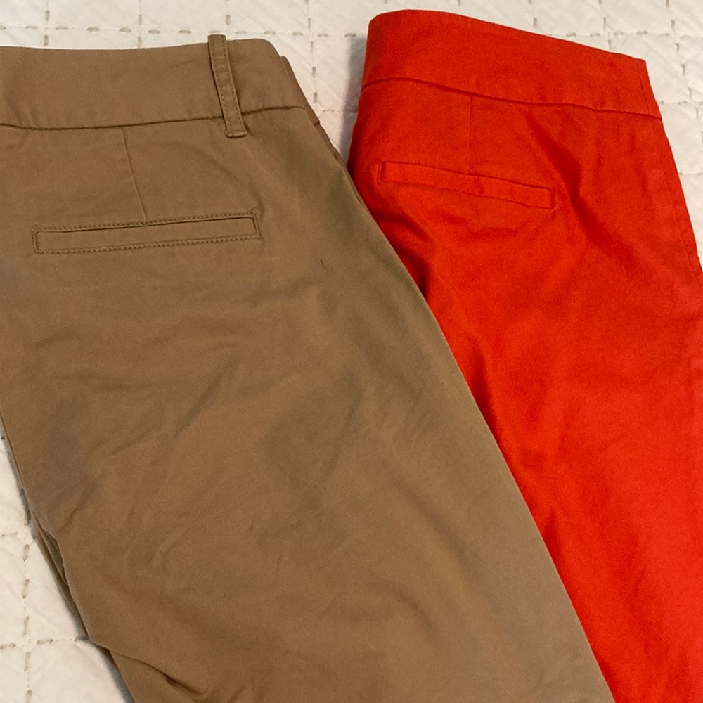 Bright Orange & khaki ankle length straight leg slacks. JCrew & Banana Republic.